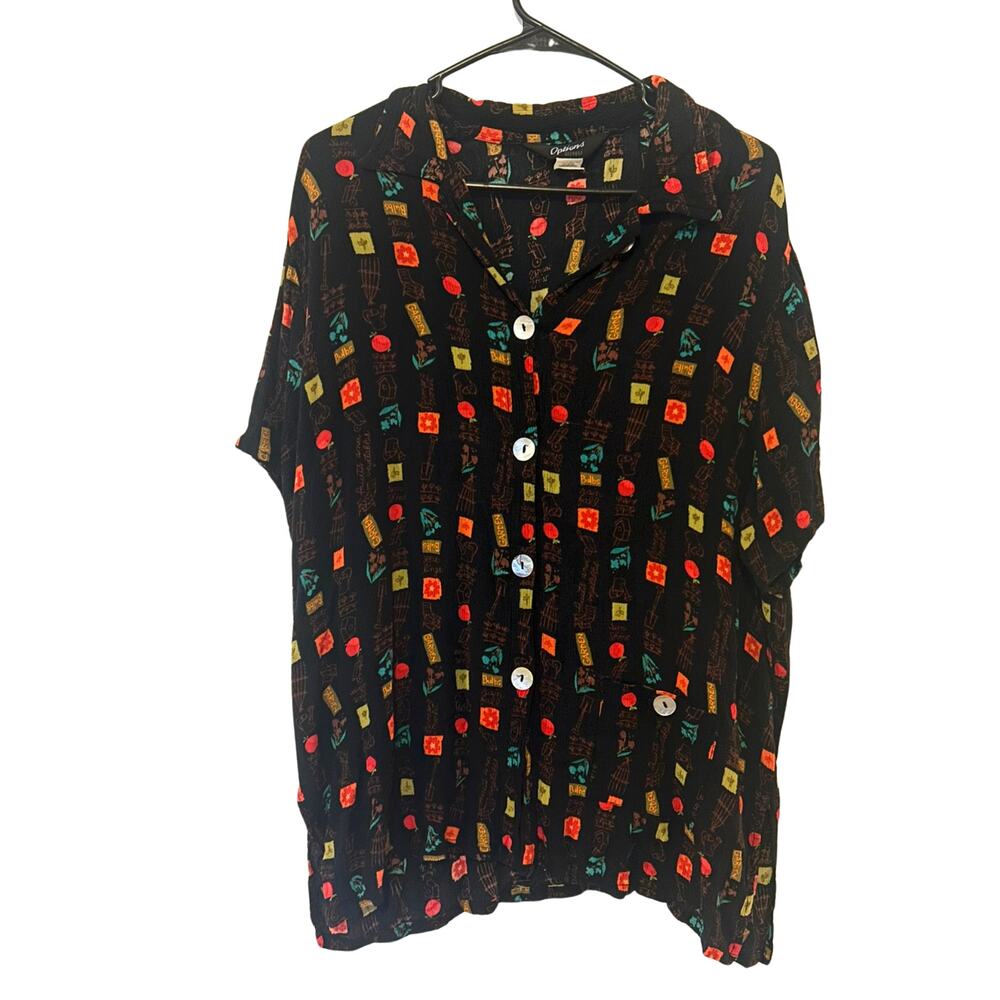 Vintage 90s Options Melrose Garden M/L Rayon Geometric Novelty Button Up Shirt